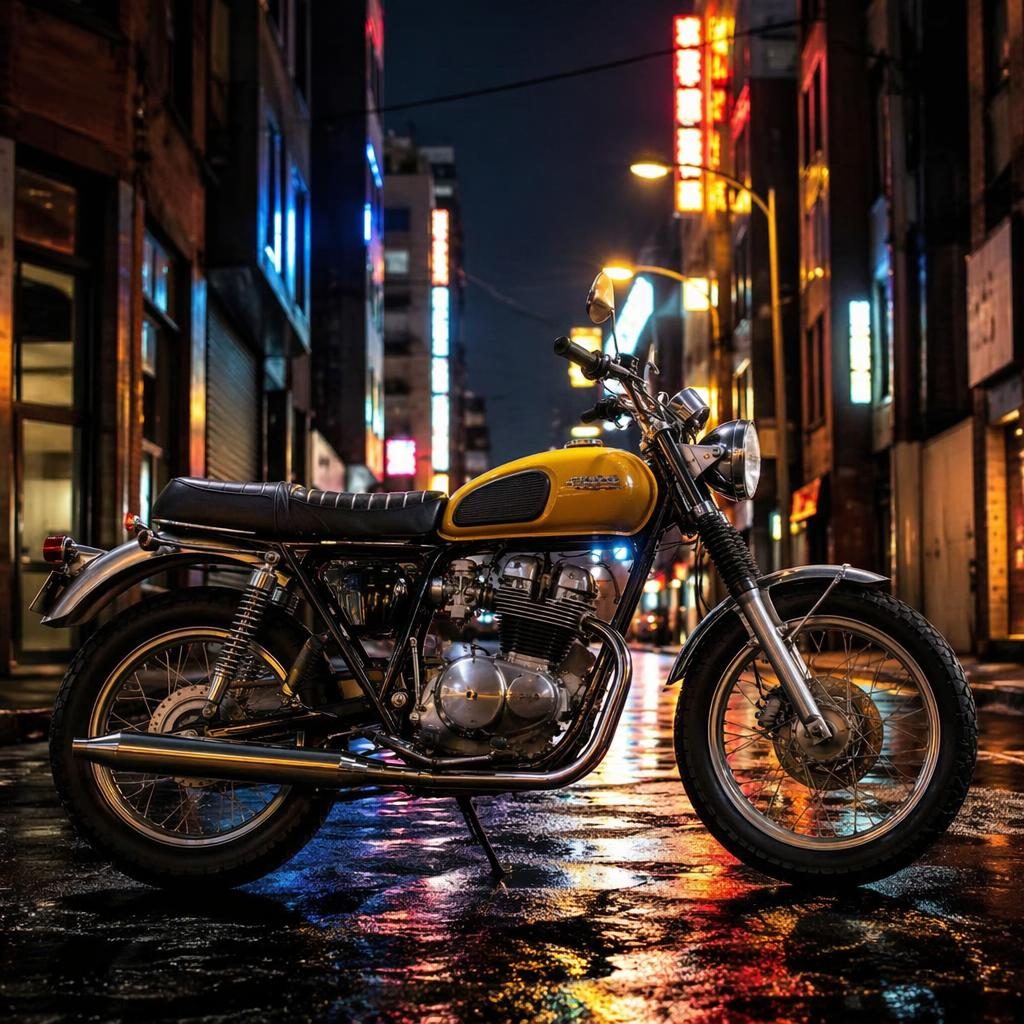 Seitliches 50er-Flat-Tracker-Motorrad mit senfgelbem Tank auf urbaner Neonstraße, fotorealistisch beleuchtet