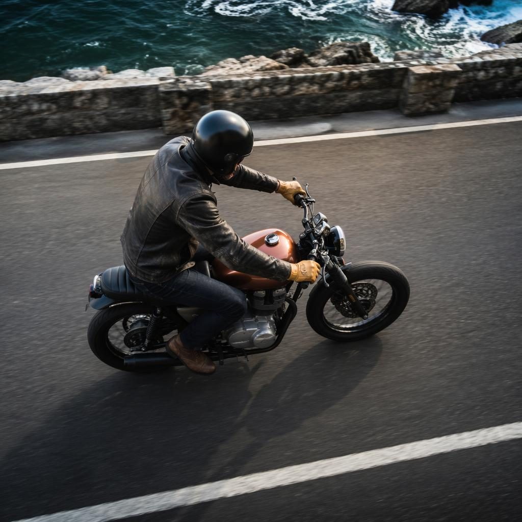 Overhead view of an unbranded vintage-style flat tracker motorcycle with copper tank on a coastal highway.