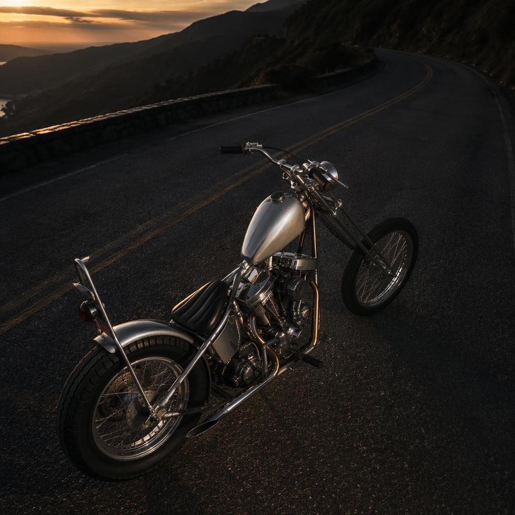 Overhead view of a silver 1960s-style chopper motorcycle on a mountain road at dusk with cinematic lighting.