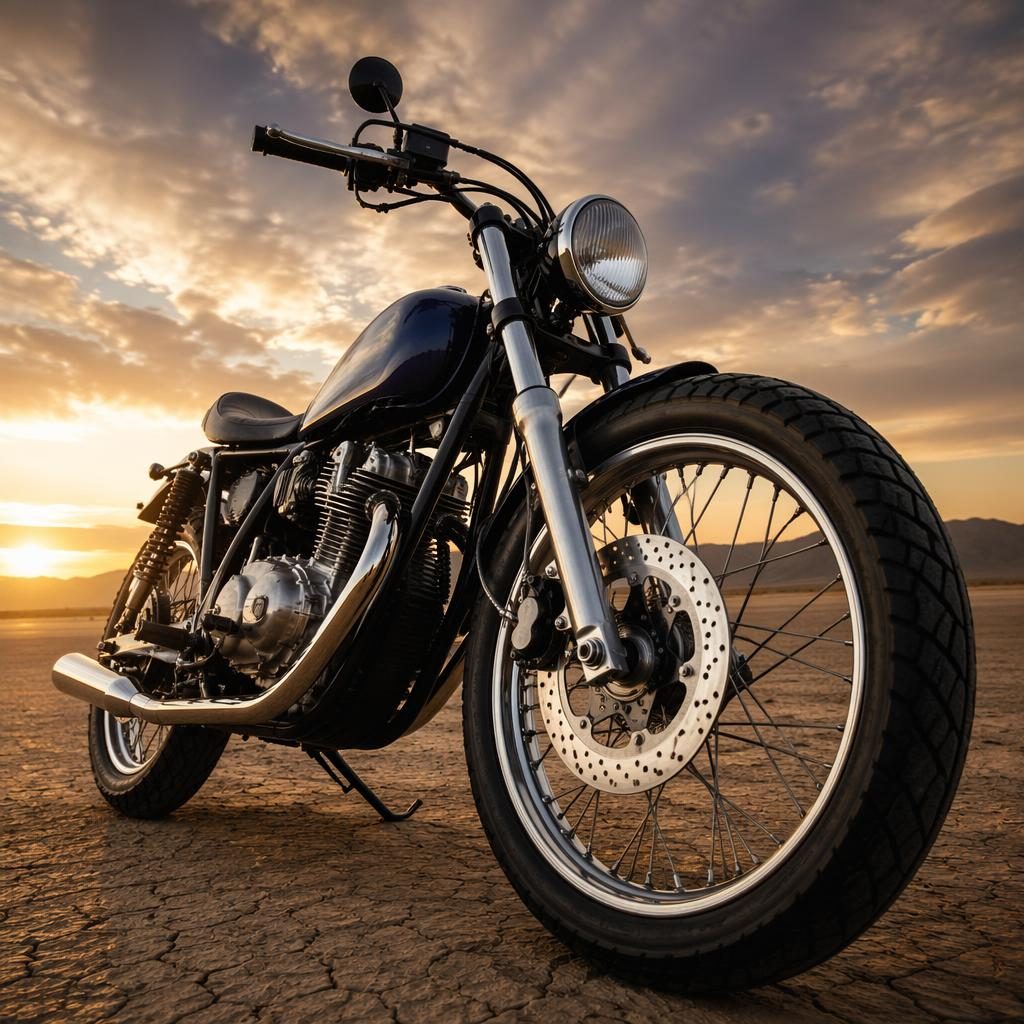 Ultra-realistic vintage bobber motorcycle with midnight blue tank shot low on desert flats under cinematic lighting.