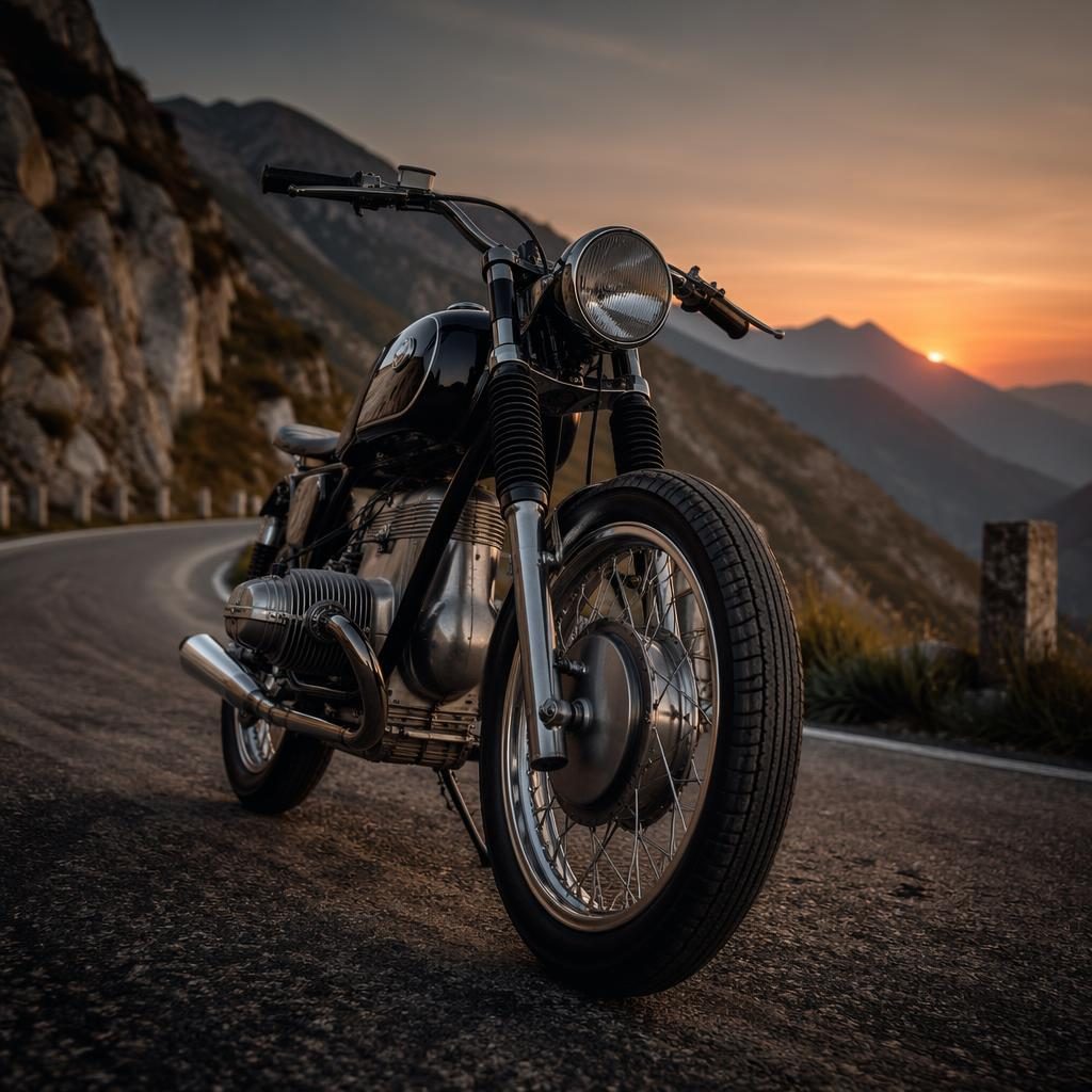 Black vintage-style standard motorcycle on a mountain road at dusk, shot from a low front angle with cinematic lighting.