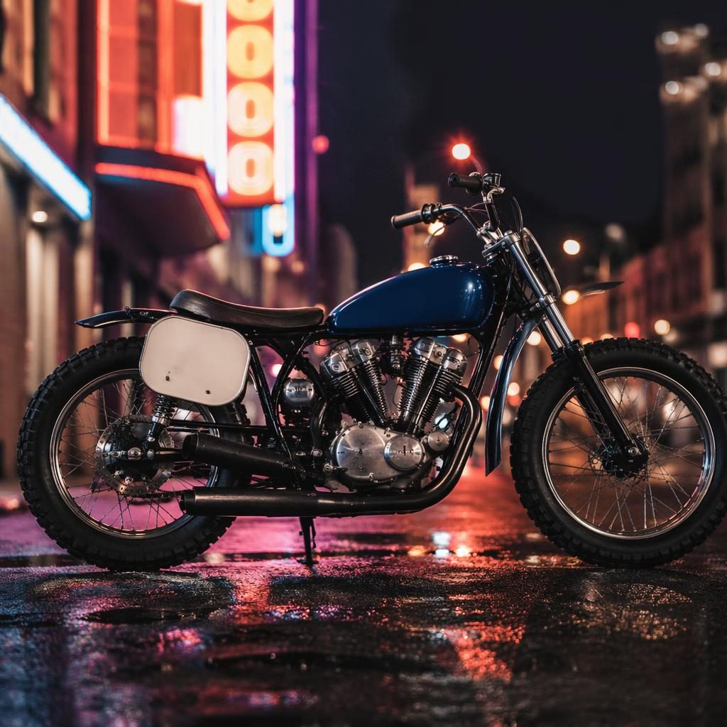Motocykl ve stylu 50. let s tmavě modrou nádrží, z bočního profilu v neonové městské ulici v noci.