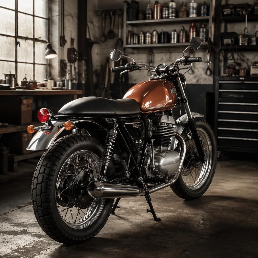 Ultra-realistic 1980s scrambler motorcycle with copper tank, rear three-quarter view, in a workshop garage