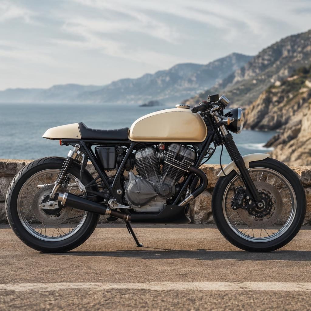 Krémový enduro motocykl z 80. let z boku na pobřežní silnici, filmové světlo, realistické kovové odlesky.