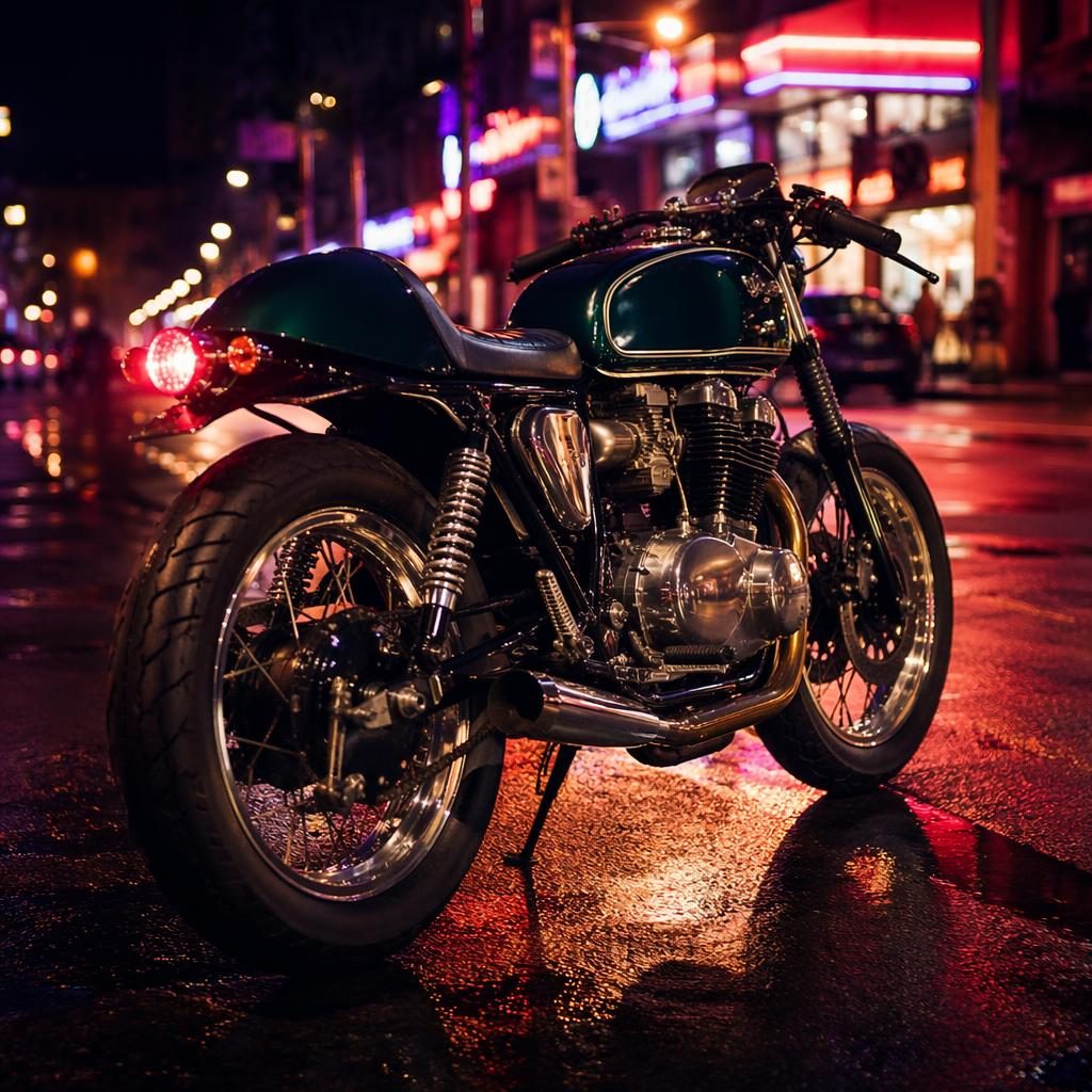 Retro cafe racer motocykl v britské zelené, pohled zezadu ze tří čtvrtin, neonová městská ulice v noci.