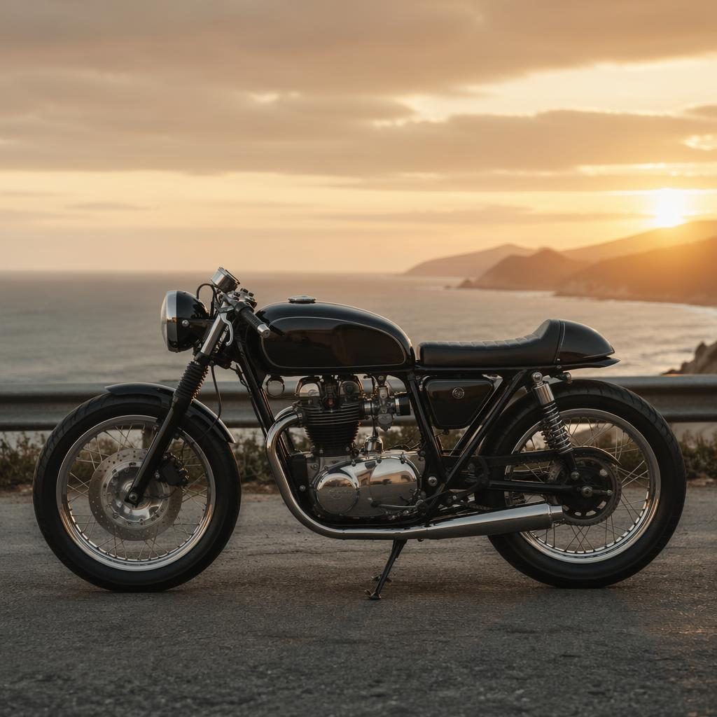 Zwarte café racer motor uit de jaren 70 in zijaanzicht op een kustweg, met glanzend metaal en posterlicht.