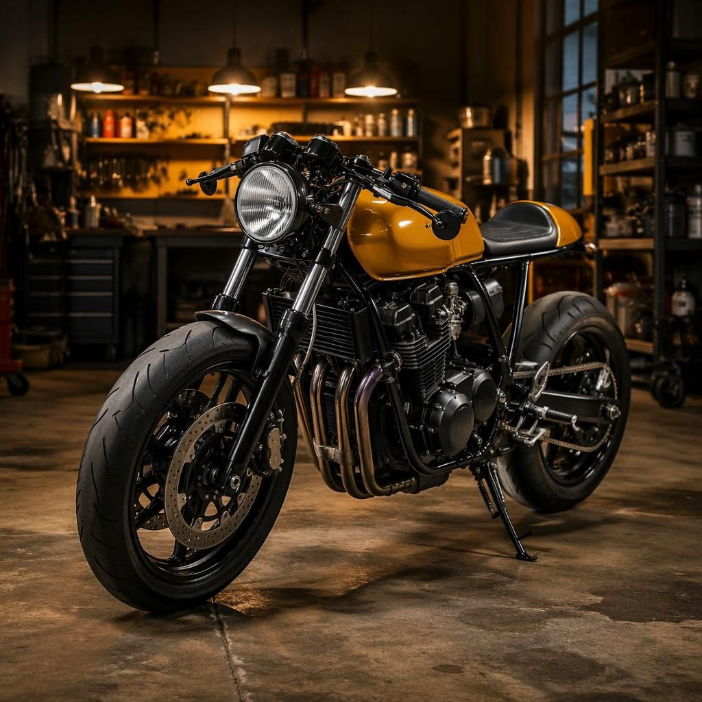 Retro sidecar tourer z 90. let se žlutou nádrží, focený z předního tříčtvrtečního úhlu v dílenské garáži.