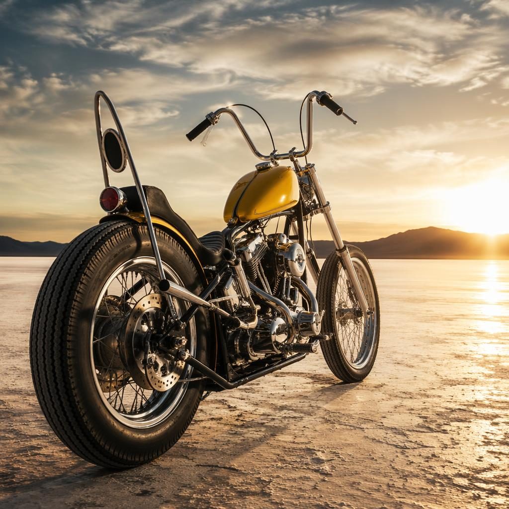 Mustard yellow vintage chopper motorcycle from a rear three-quarter view on desert flats with cinematic lighting