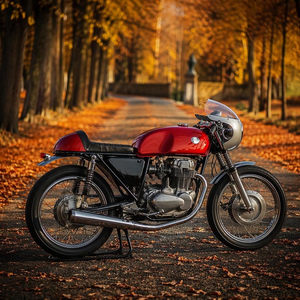 Side-profile vintage red scooter racer in an autumn forest with cinematic lighting and sharp metal reflections.