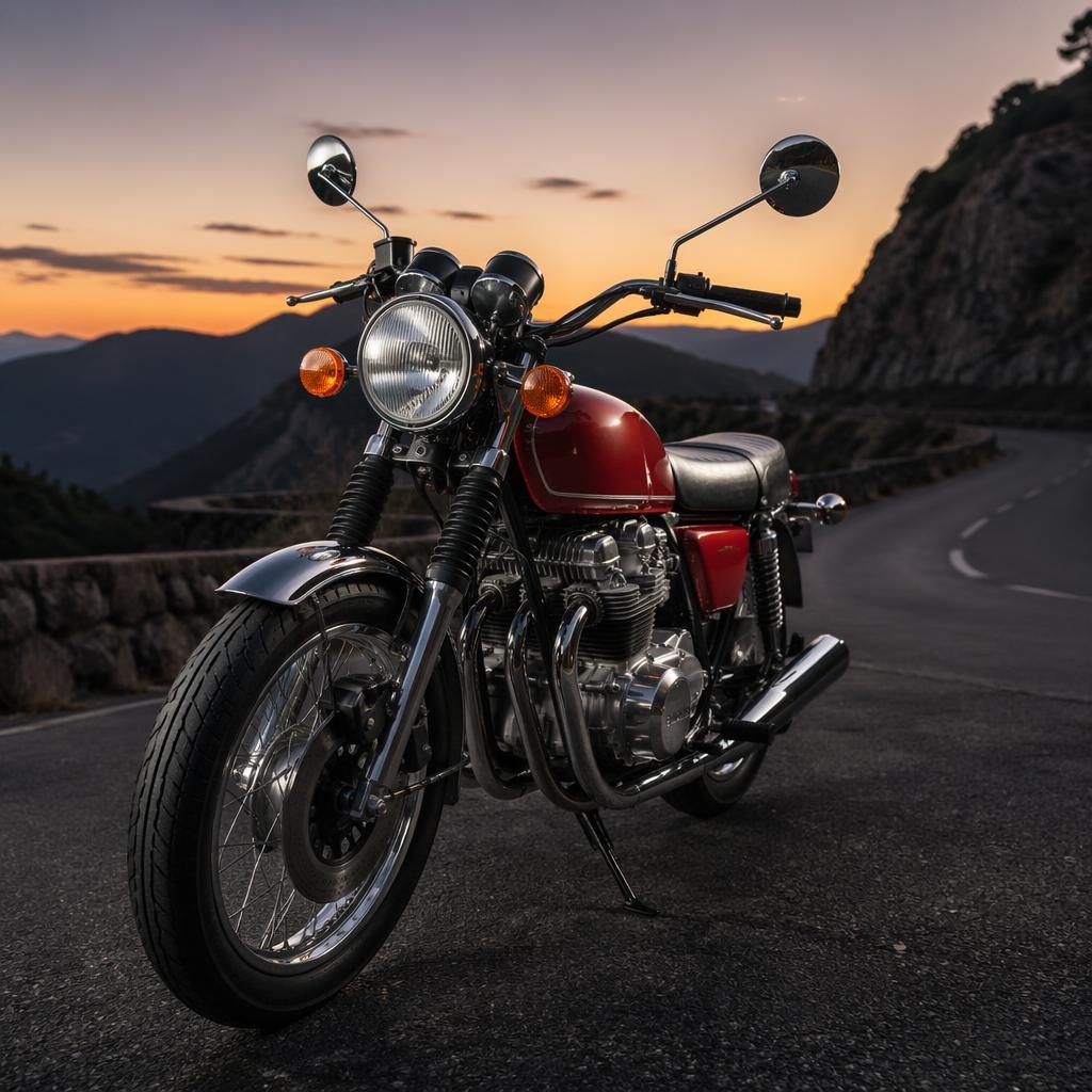 1970s-style red standard motorcycle on a mountain road at dusk, shown from a three-quarter front angle