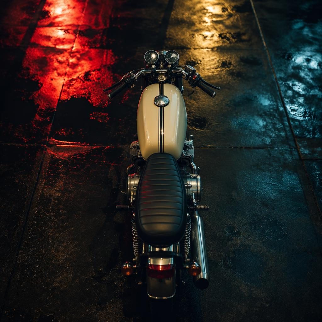 Overhead view of a cream art deco motorcycle on a neon-lit urban street, with sharp chrome reflections and cinematic lighting.