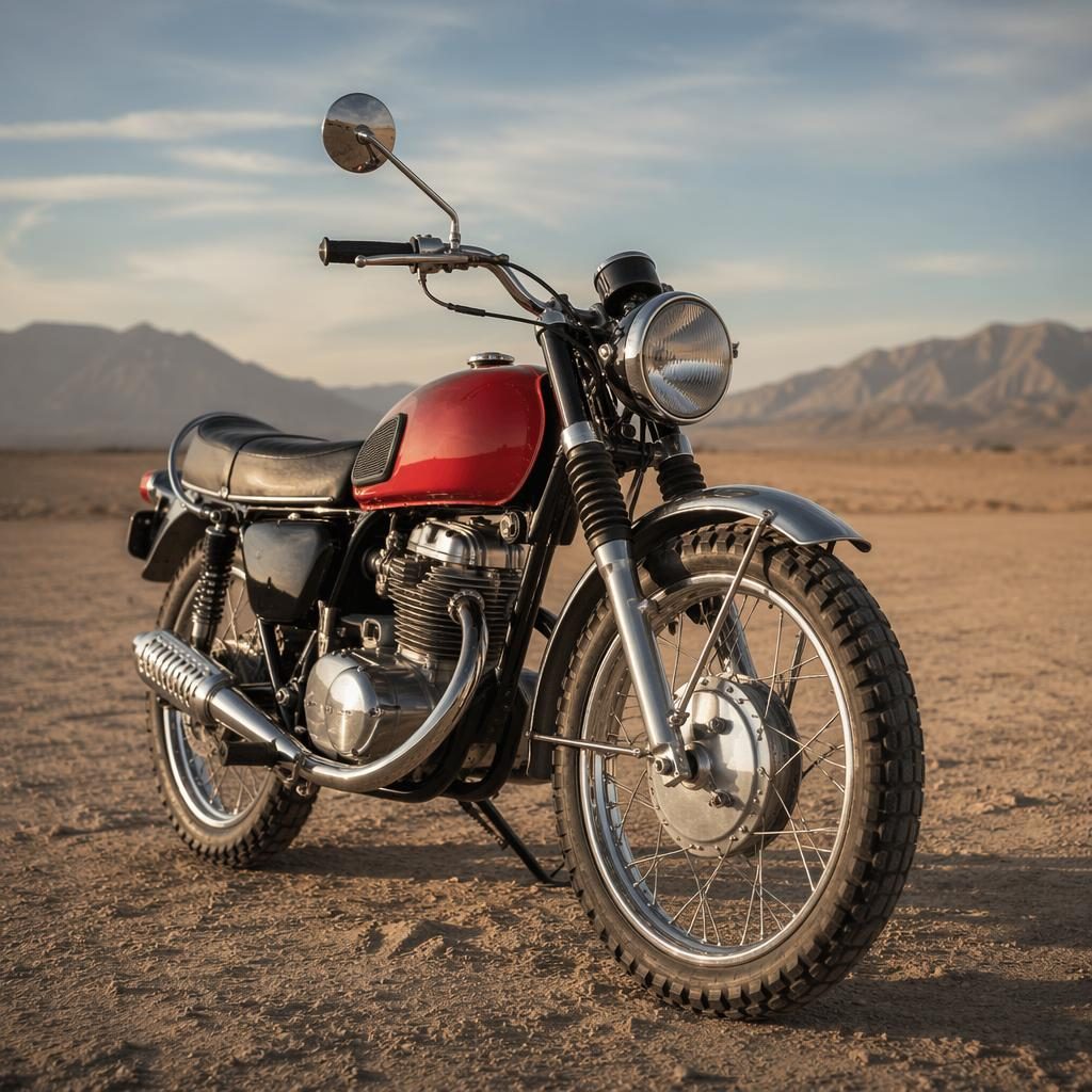 Ultra-realistic vintage red enduro motorcycle in three-quarter front view on desert flats with cinematic poster lighting.