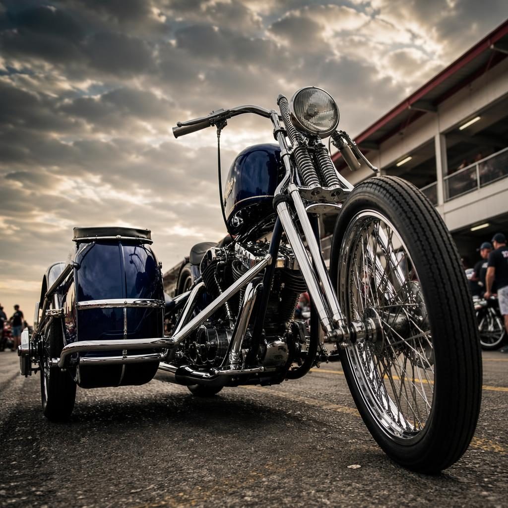Ultra-realistic 1990s sidecar tourer motorcycle with midnight blue tank in a race paddock, low-angle cinematic lighting