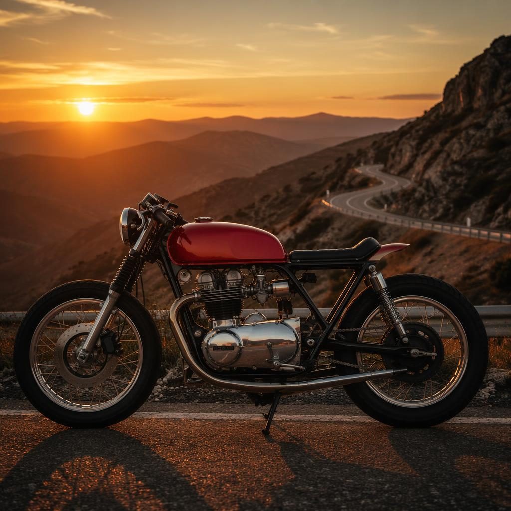 Motocicleta café racer vintage roja de perfil en carretera de montaña al atardecer, con luz cinematográfica.