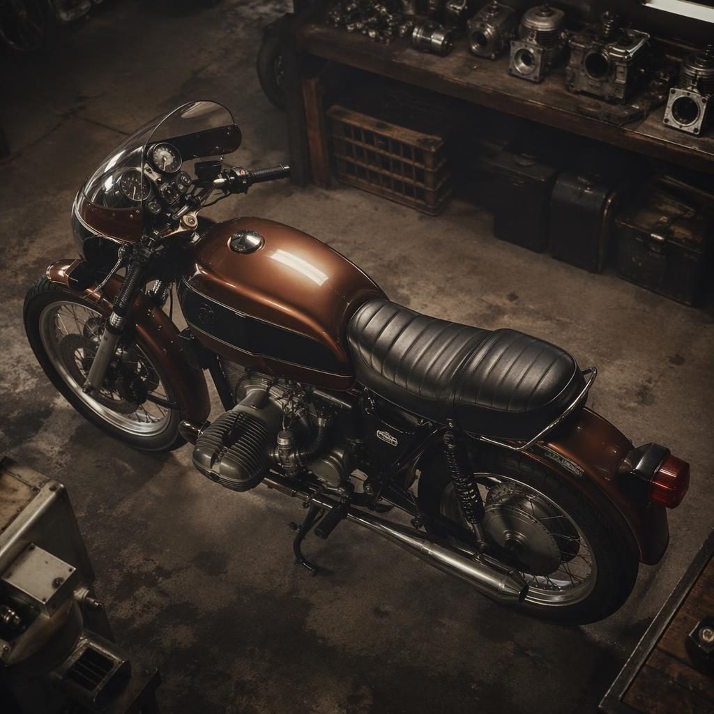 Retro futuristický sportovně cestovní vintage motocykl s měděnou nádrží, focený shora v dílně s filmovým světlem.