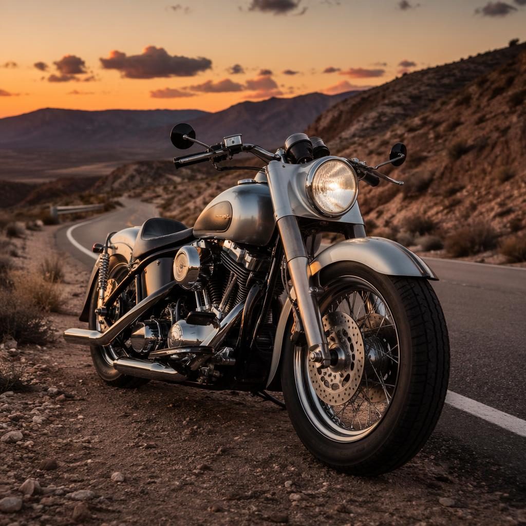 Silver retro-futurist bobber motorcycle on a mountain road at dusk, shot low from the front with cinematic lighting