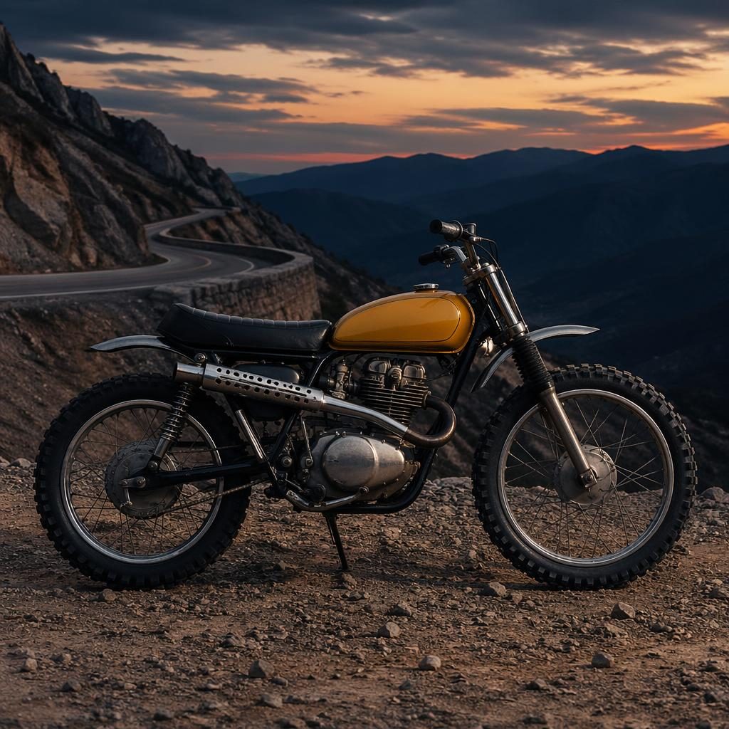 Side profile of a 1950s-style unbranded scrambler dirt bike with mustard yellow tank on a mountain road at dusk.
