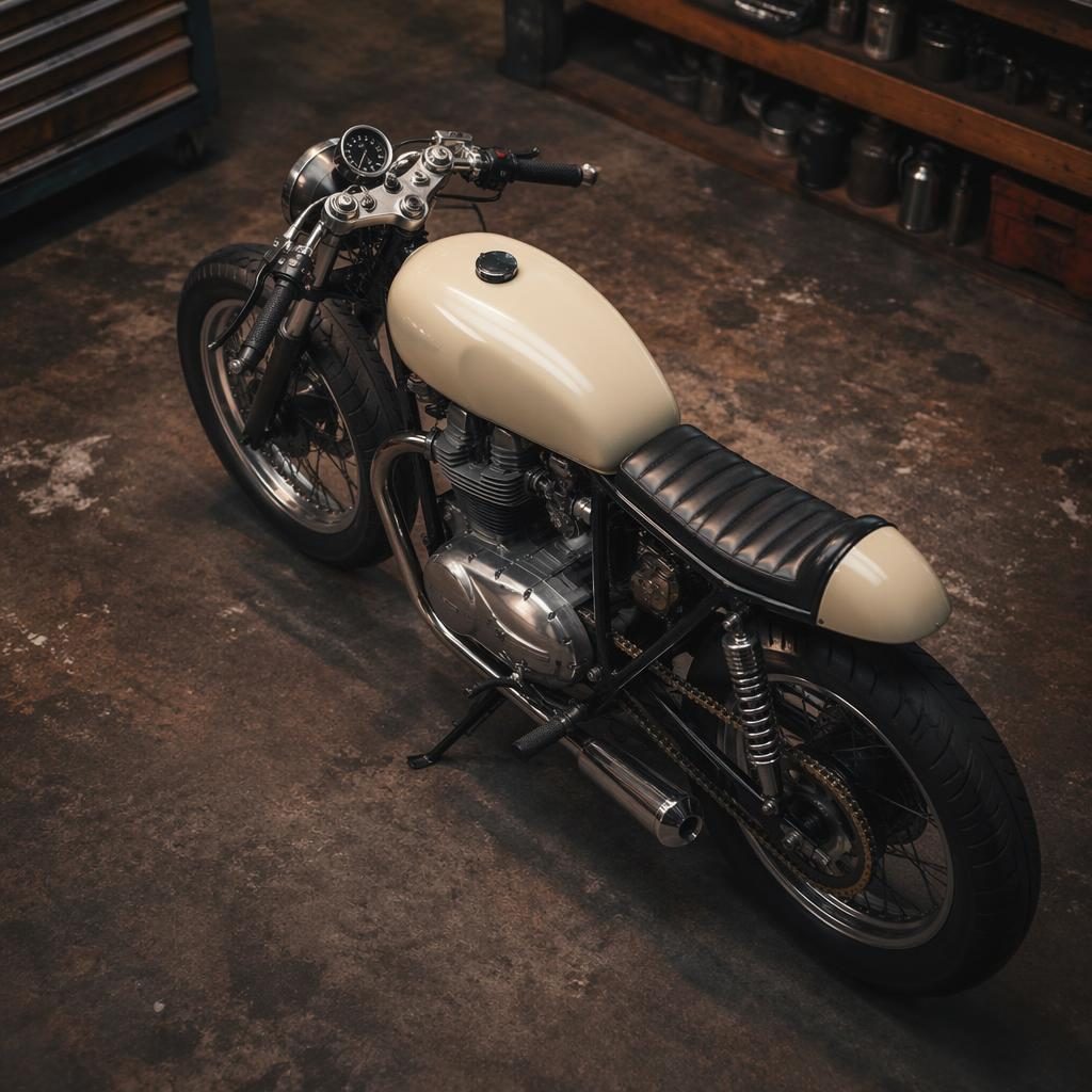 Draufsicht auf ein cremefarbenes Retro-Bobber-Motorrad im Garagen-Workshop mit cineastischem Licht