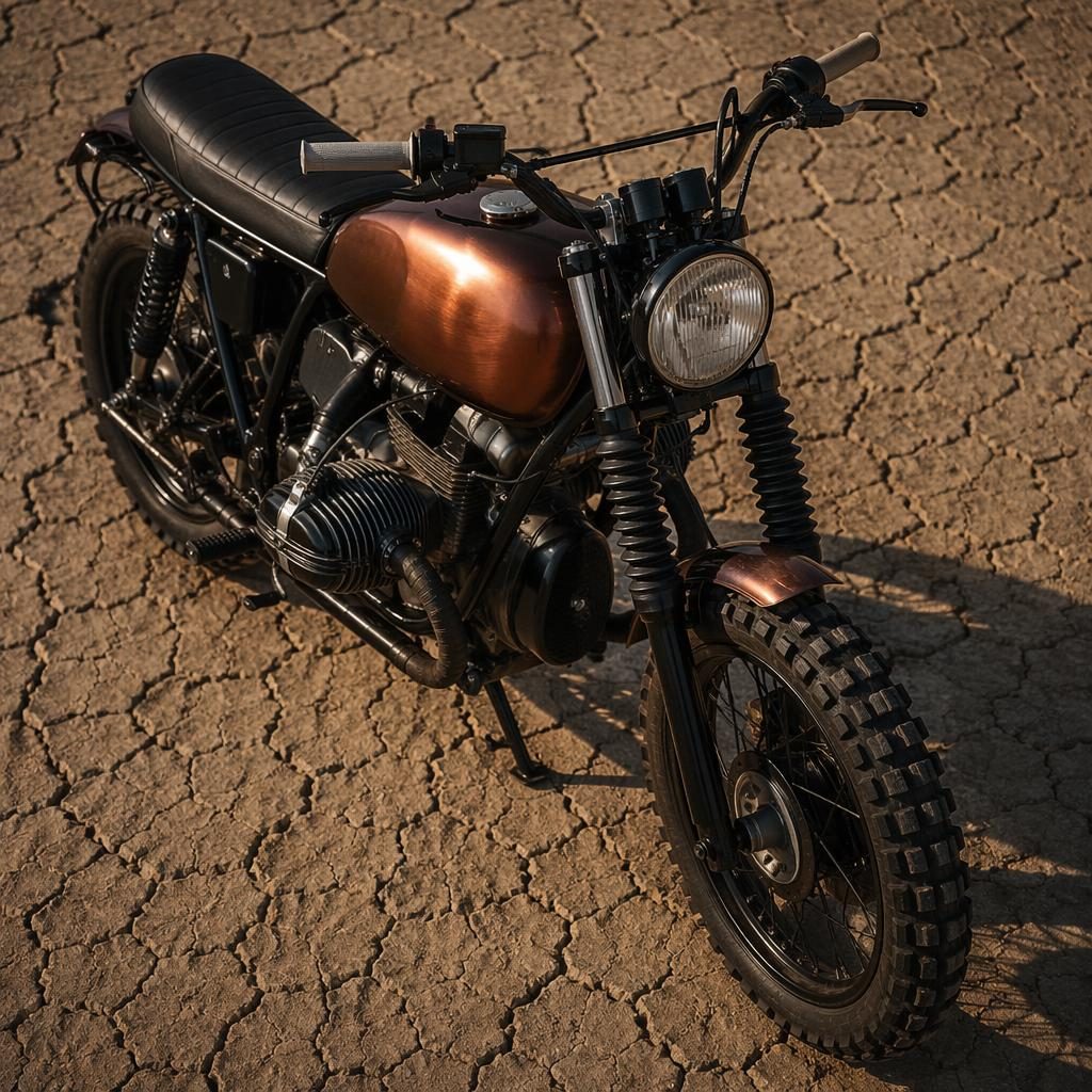 Vintage scrambler motocykl z 60. let s měděnou nádrží, focený shora na pouštní pláni, bez log a jezdců.