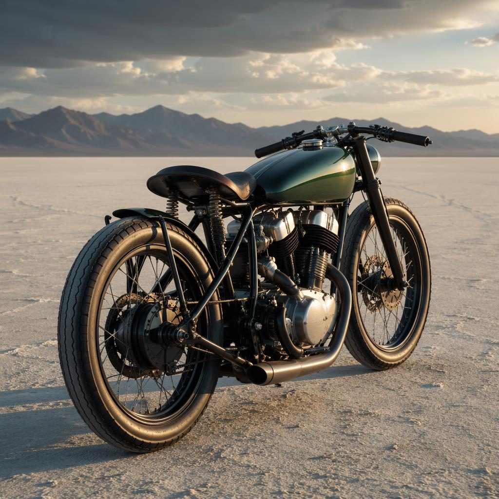 Retro futuristický motocykl ve stylu board track racer 1920s, zelená nádrž, zadní tříčtvrteční pohled v poušti.