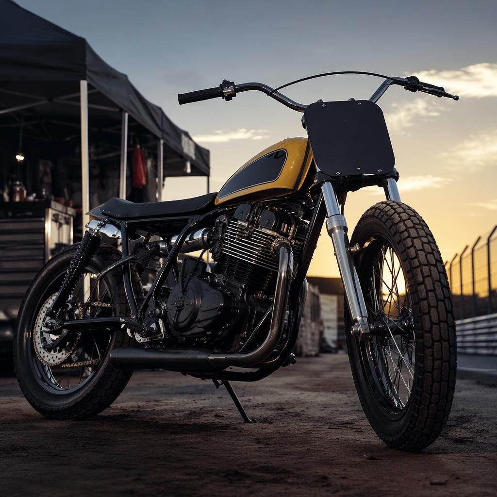 1990s tracker motorcycle, mustard yellow tank, low front camera, race paddock. Generic unbranded period-correct design. 