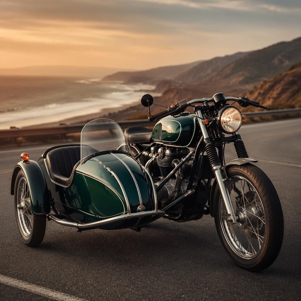 Retro futuristický sidecar tourer v britské závodní zelené na pobřežní silnici, tříčtvrteční přední pohled.