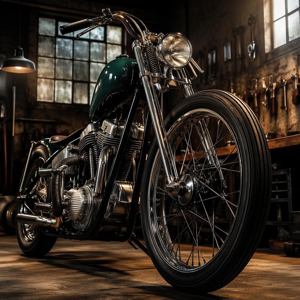 Ultra-realistic vintage chopper motorcycle in british racing green, shot low in a workshop garage with cinematic lighting.