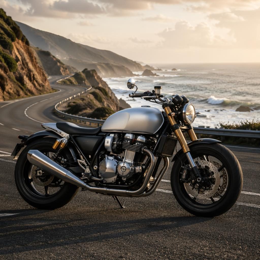Side profile of a silver retro futurist bobber motorcycle on a coastal highway with cinematic lighting and sharp reflections.