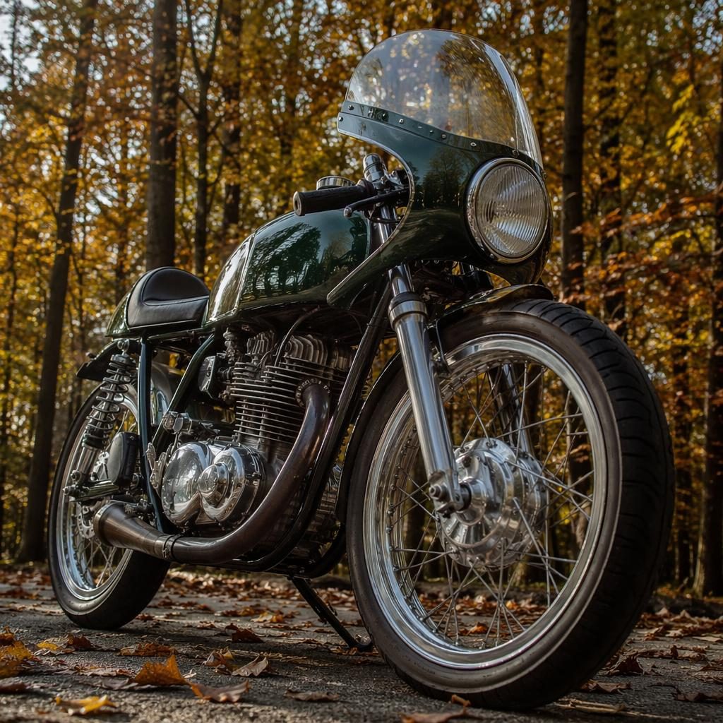 Low-angle ultra-realistic vintage cafe racer motorcycle in British racing green on an autumn forest road