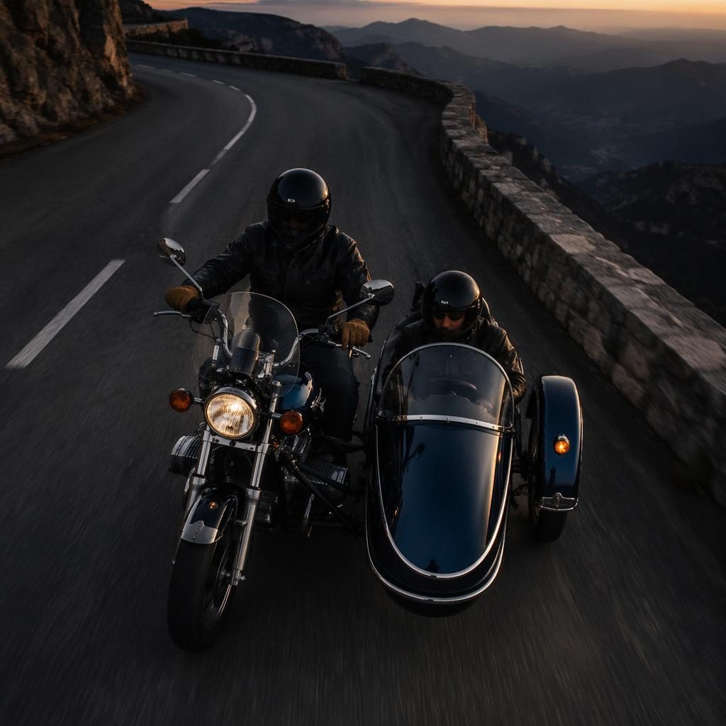 Overhead view of a midnight blue 1970s sidecar touring motorcycle on a mountain road at dusk with cinematic lighting