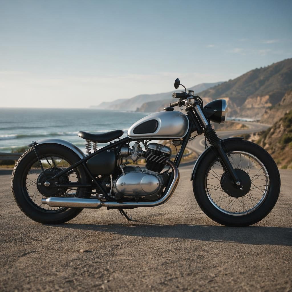 Side profile of a generic vintage motorcycle with silver tank on a coastal highway, cinematic lighting and sharp reflections.