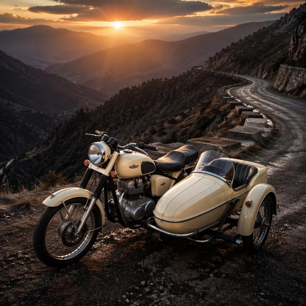 Overhead view of a 1980s-style cream tank sidecar tourer on a mountain road at dusk, lit like a cinematic poster