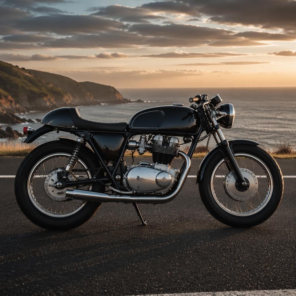 Zwarte 70s cafe racer in zijaanzicht op een kustweg, met vintage details en filmische belichting.