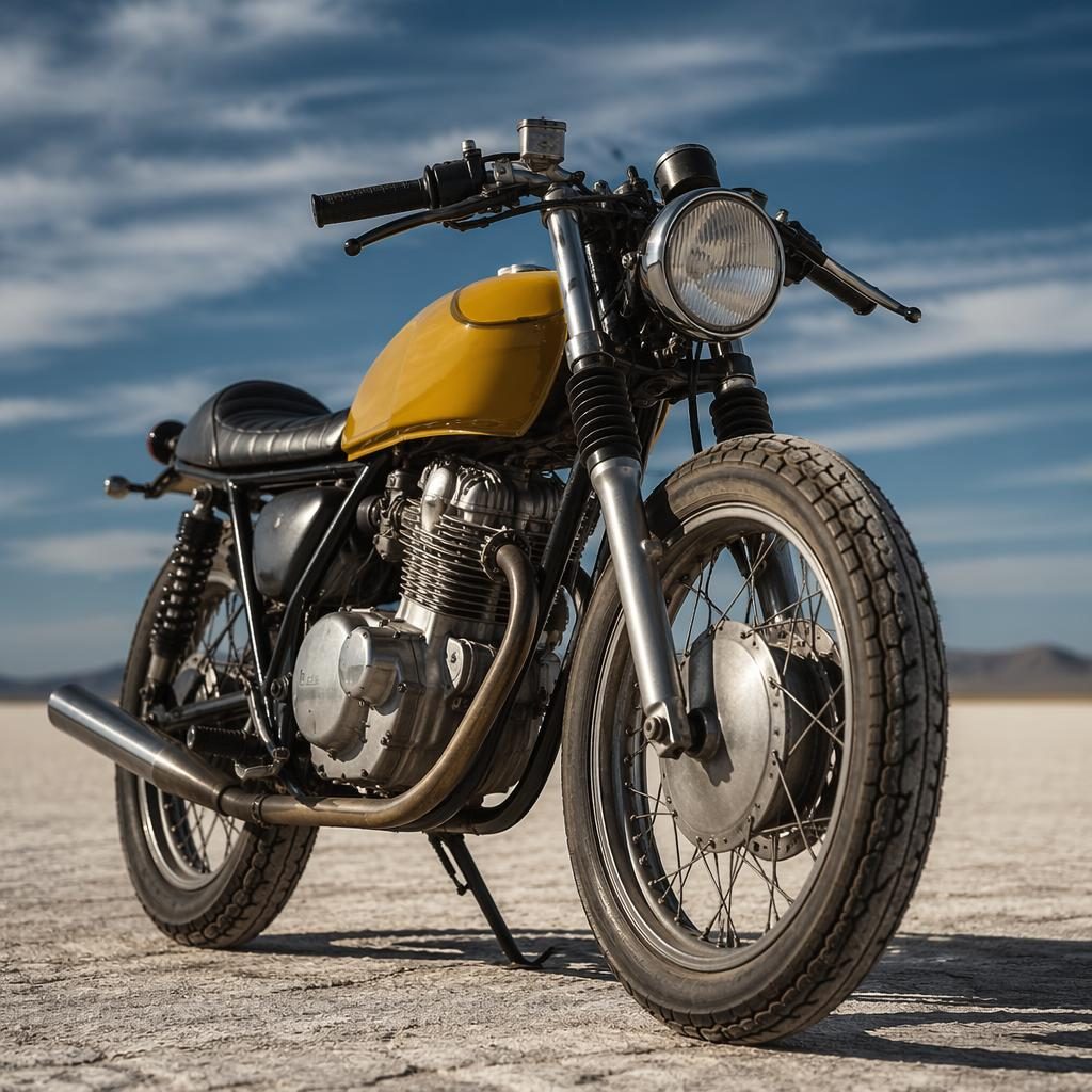 Vintage bobber motocykl ze 70. let s hořčicově žlutou nádrží na solné poušti, pohled zepředu ze tří čtvrtin