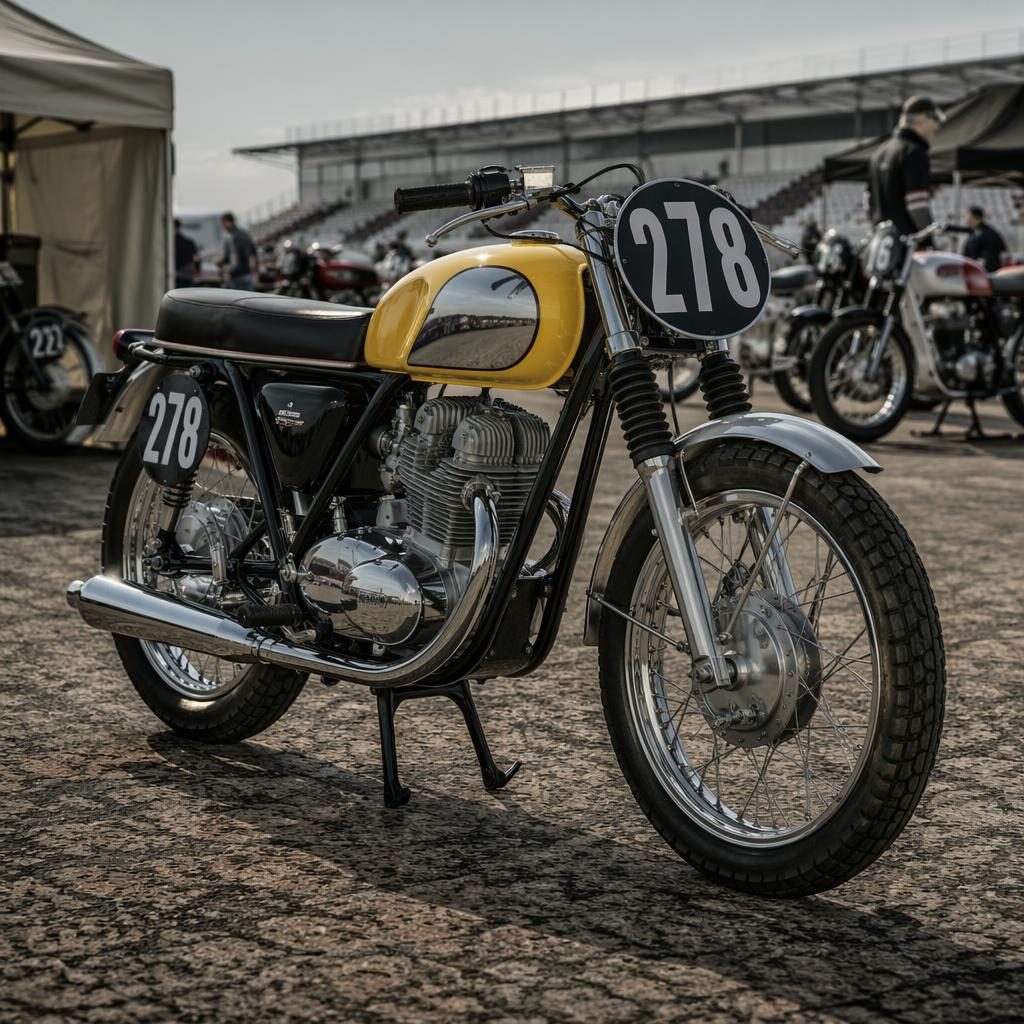 Vintage enduro motocykl se žlutou nádrží, pohled zepředu ze tří čtvrtin, chrom a závodní paddock