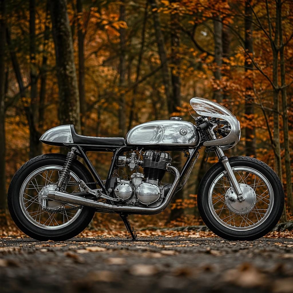 Side-profile vintage cafe racer motorcycle with silver tank in an autumn forest, lit like a cinematic poster.
