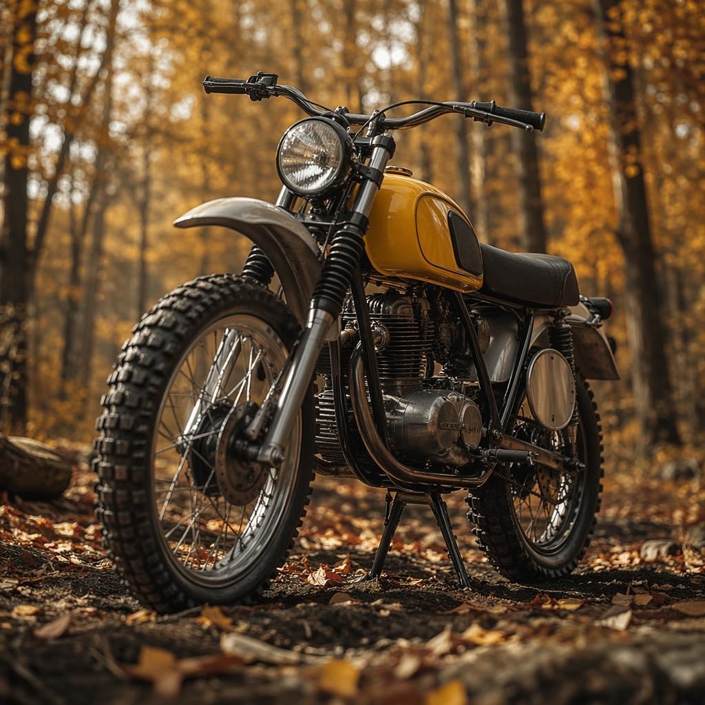 Low-angle ultra-realistic photo of a vintage desert sled motorcycle with mustard yellow tank in an autumn forest