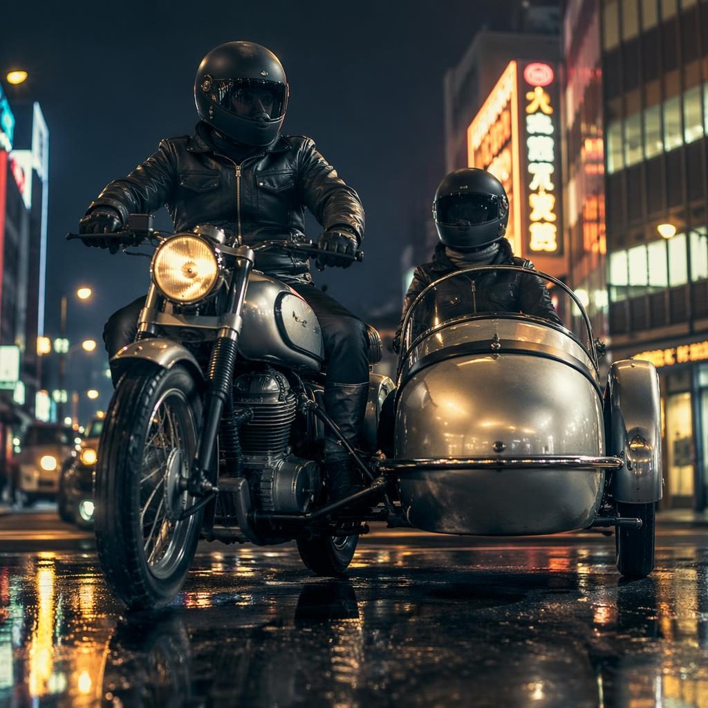 Ultra-realistic retro futurist silver sidecar motorcycle shot low on a neon-lit urban street with cinematic reflections.