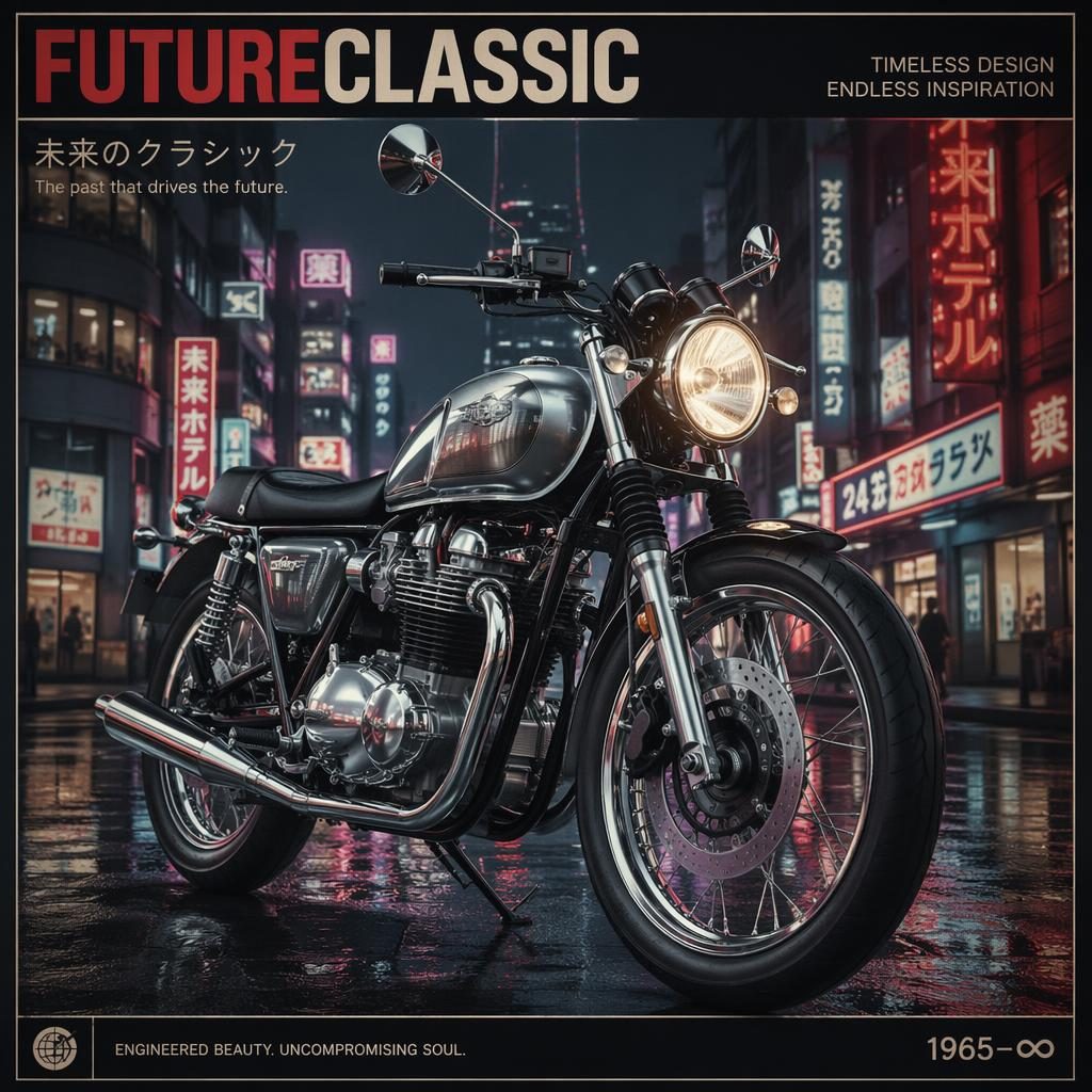 Moto classique rétro futuriste argentée vue de trois quarts avant dans une rue urbaine au néon