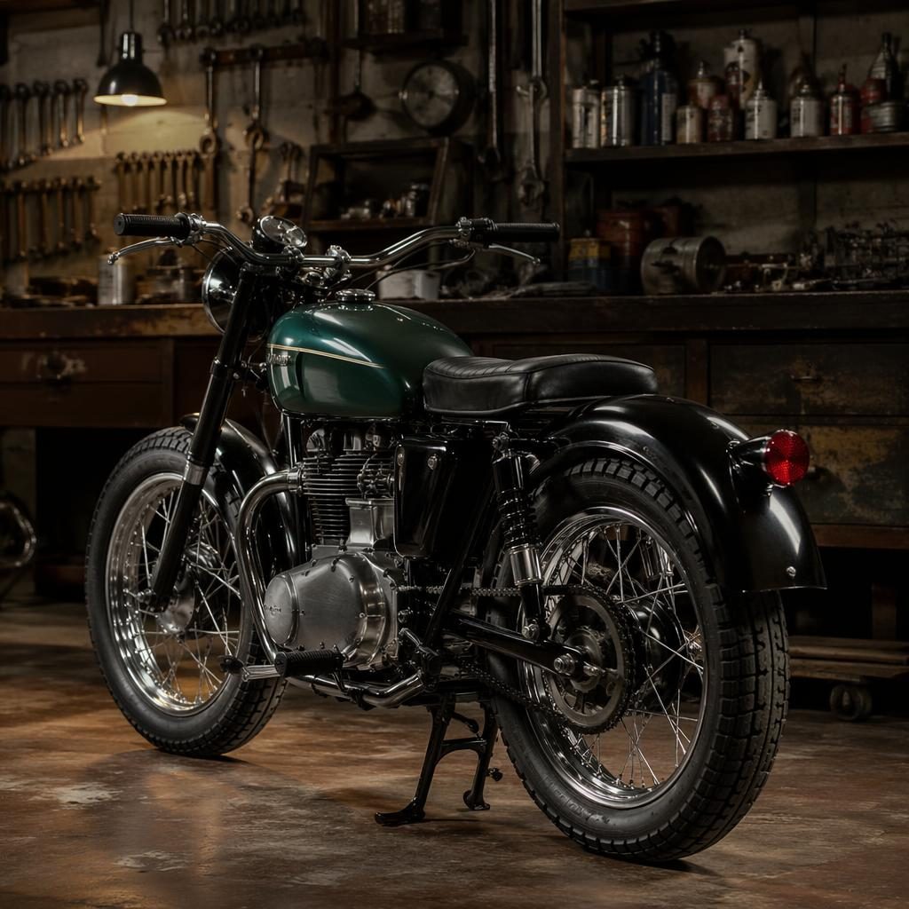 Ultra-realistic 1980s-style scrambler motorcycle in british racing green, rear three-quarter view inside a workshop garage