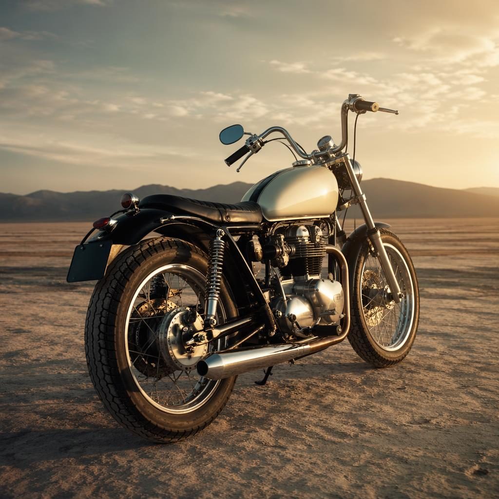 Retro-futurist 70s-style chopper tourer motorcycle with cream tank, seen from rear three-quarter view on desert flats