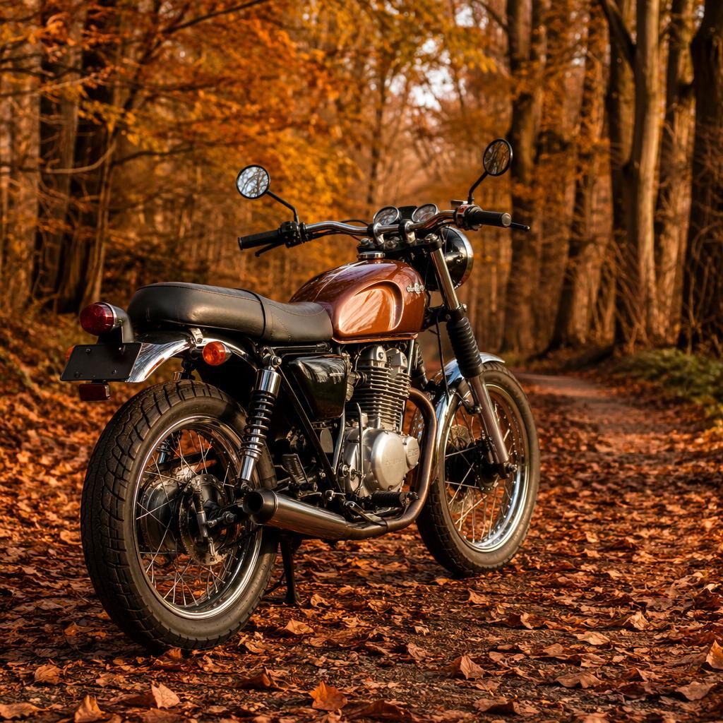 Vintage scrambler motocykl s měděnou nádrží zezadu ze tří čtvrtin v podzimním lese, filmové světlo