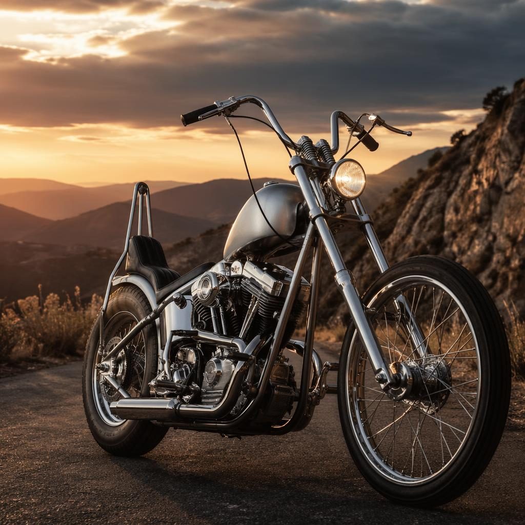 Ultra-realistic 70s-style chopper motorcycle with silver tank on a mountain road at dusk, three-quarter front view