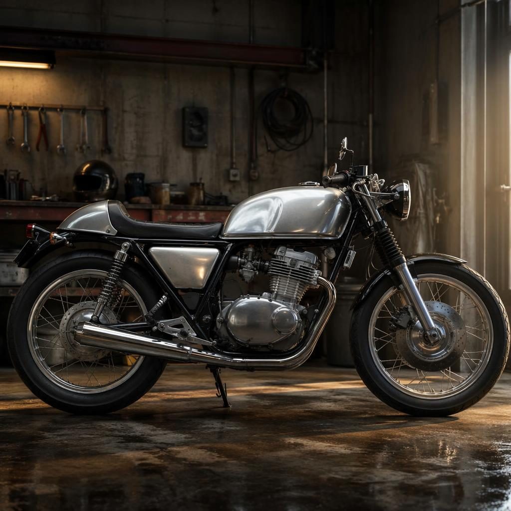 Vintage motocykl ve stylu 50. let, stříbrná nádrž, boční profil v dílně s filmovým nasvícením.