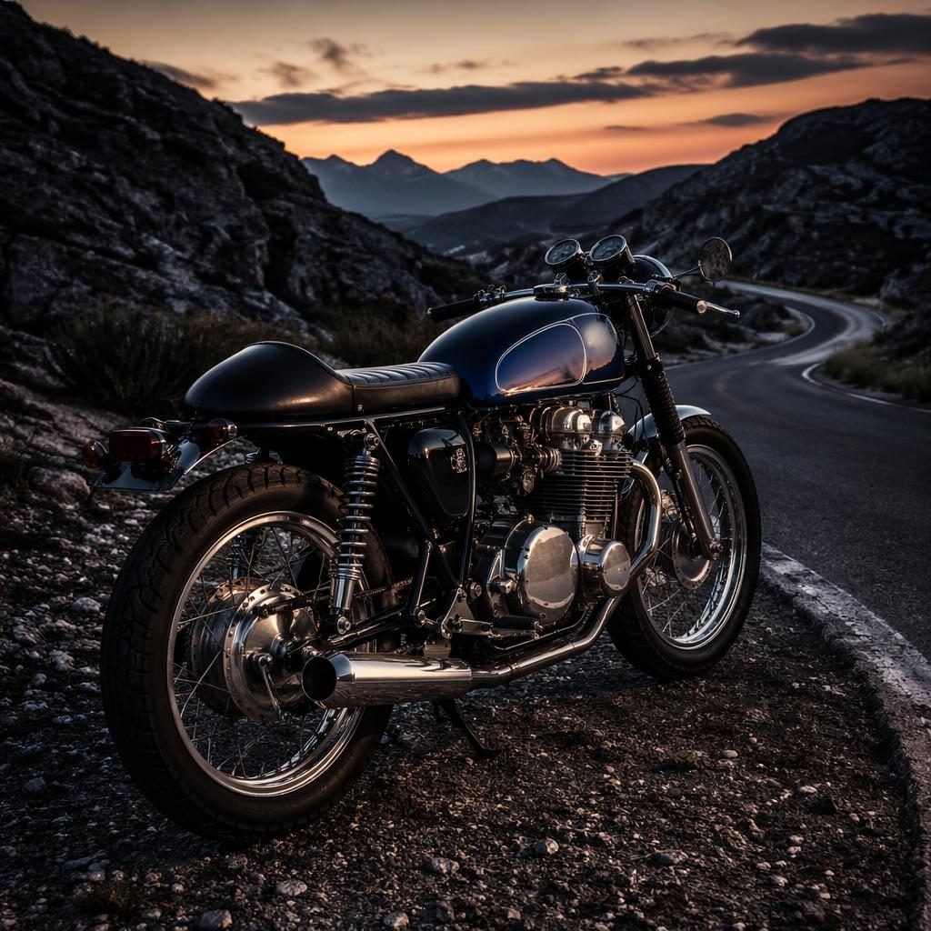 Ultra-realistic vintage cafe racer motorcycle with midnight blue tank, seen from three-quarter rear on a mountain road at dusk.
