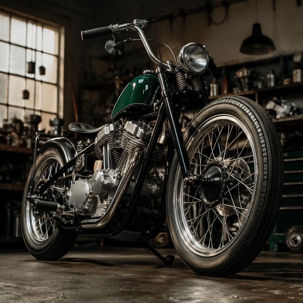 Low-angle ultra-realistic vintage chopper motorcycle in british racing green inside a workshop garage