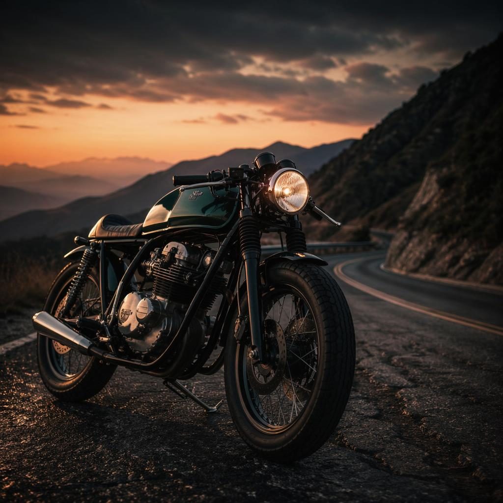 Retro futuristický bobber ve stylu cafe racer 60s, zelená nádrž, nízký záběr na horské silnici za soumraku.