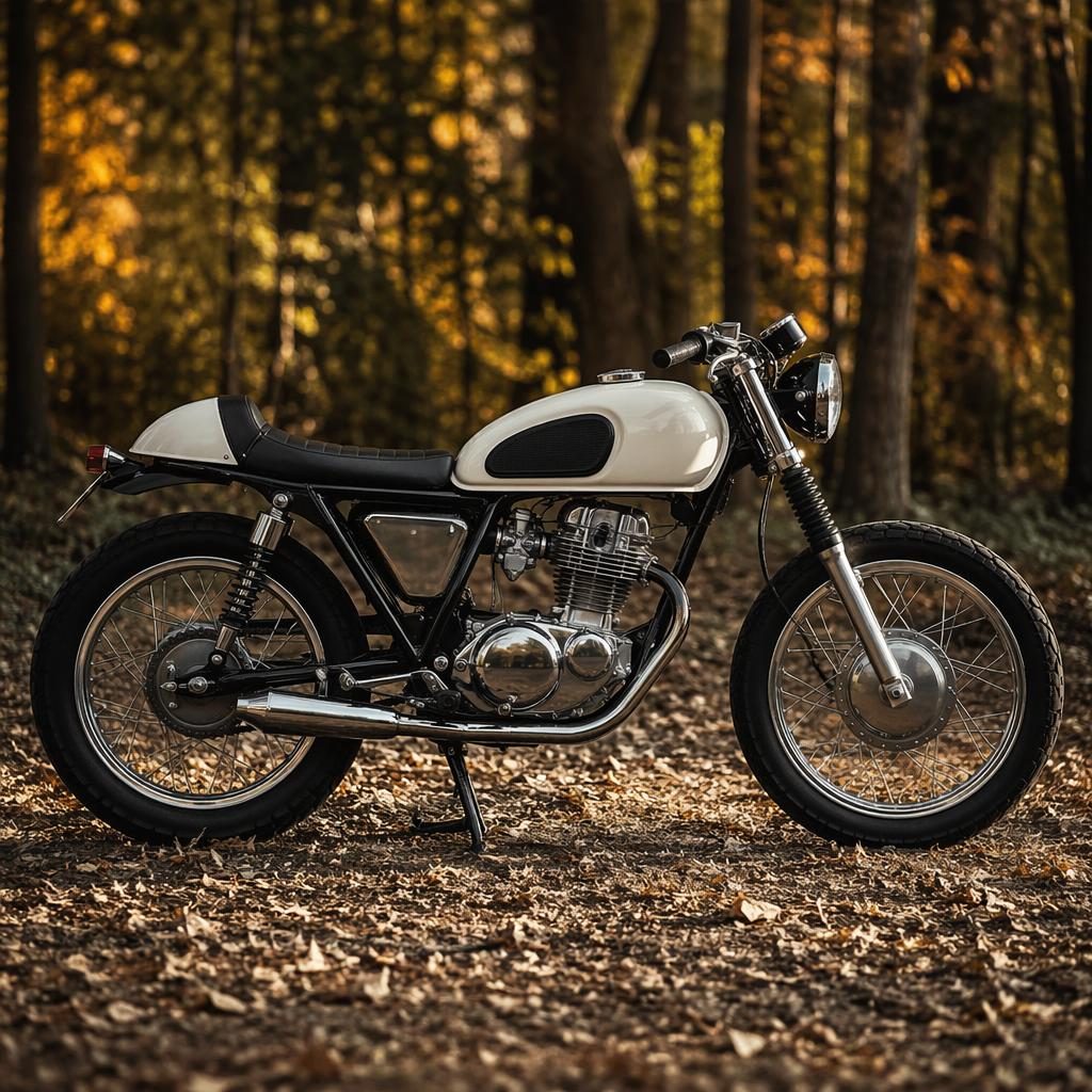 Krémový tracker motocykl z 60. let z bočního profilu v podzimním lese, s filmovým nasvícením a ostrými odlesky