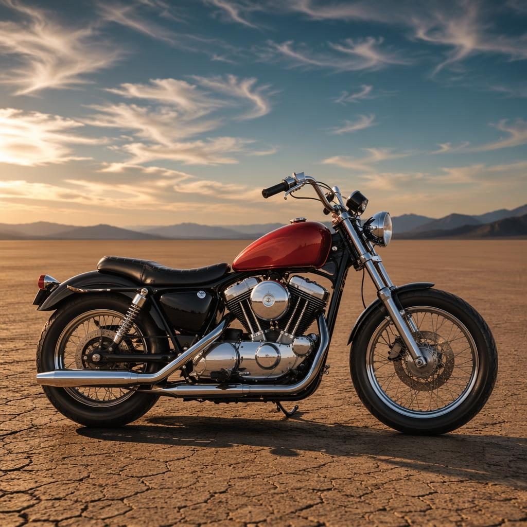 Side profile of a vintage 1970s red cruiser-style scooter motorcycle on desert flats with chrome details and poster lighting.
