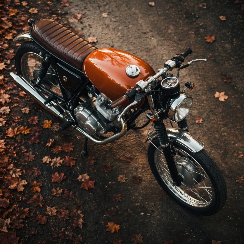 Retro futuristický café racer 60. let s měděnou nádrží, focený shora v podzimním lese, bez log a značek.